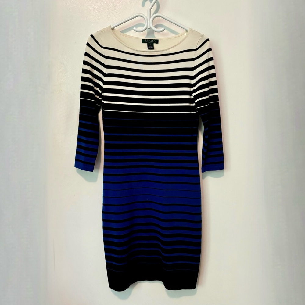 Ralph Lauren Small Dress Knit Fitted Boat Neck 3/4 Sleeve Mid-Length Striped